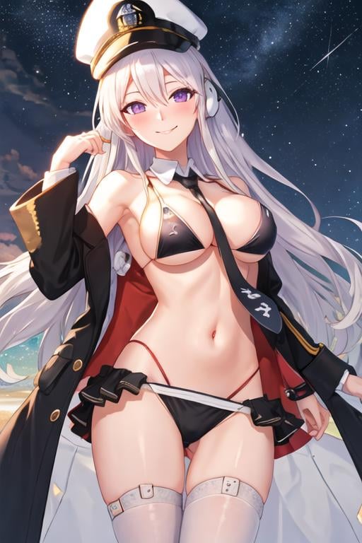 best quality, masterpiece, highres, solo, {night:1.10}, {starry sky:1.10}, beach, beautiful detailed sky, {extremely detailed background:1.20}, {enterprise_azurlane:1.15}, {standing:1.10}, looking at viewer, {bikini:1.30}, long_hair, purple_eyes, white_hair, breasts, hat, bangs, large_breasts, sleeveless, necktie, smile, peaked_cap, white_headwear, black_necktie, blush, very_long_hair, hair_between_eyes, light smile