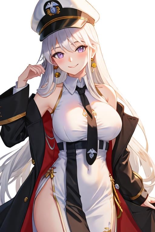 best quality, masterpiece, highres, solo, {enterprise_azurlane:1.15}, long_hair, purple_eyes, white_hair, breasts, hat, bangs, large_breasts, sleeveless, necktie, smile, peaked_cap, white_headwear, black_necktie, blush, very_long_hair, hair_between_eyes, chinese_clothes, flower, hair_flower, hair_ornament, looking_at_viewer, 1girl, china_dress, dress, fur_trim, jewelry, alternate_costume, earrings, white_dress, coat, official_alternate_costume, simple_background, white_background