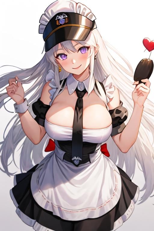 best quality, masterpiece, highres, solo, {maid:1.40}, {long maid dress:1.15}, {enterprise_azurlane:1.15}, long_hair, purple_eyes, white_hair, breasts, hat, bangs, large_breasts, sleeveless, necktie, smile, peaked_cap, white_headwear, black_necktie, blush, very_long_hair, hair_between_eyes