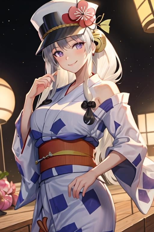 best quality, masterpiece, highres, solo, {yukata:1.40}, {kimono:1.20}, {enterprise_azurlane:1.15}, long_hair, purple_eyes, white_hair, breasts, hat, bangs, large_breasts, sleeveless, necktie, smile, peaked_cap, white_headwear, black_necktie, blush, very_long_hair, hair_between_eyes