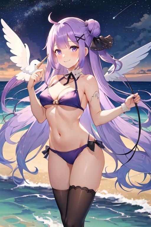 best quality, masterpiece, highres, solo, {night:1.10}, {starry sky:1.10}, beach, beautiful detailed sky, {extremely detailed background:1.20}, {unicorn_azurlane:1.15}, {standing:1.10}, looking at viewer, {bikini:1.30}, purple_hair, long_hair, purple_eyes, bangs, blush, ahoge, ribbon, hair_bun, hair_ribbon, single_hair_bun, single_side_bun, one_side_up, very_long_hair, stuffed_toy, stuffed_animal, stuffed_winged_unicorn, black_ribbon, hair_ornament, breasts, light smile