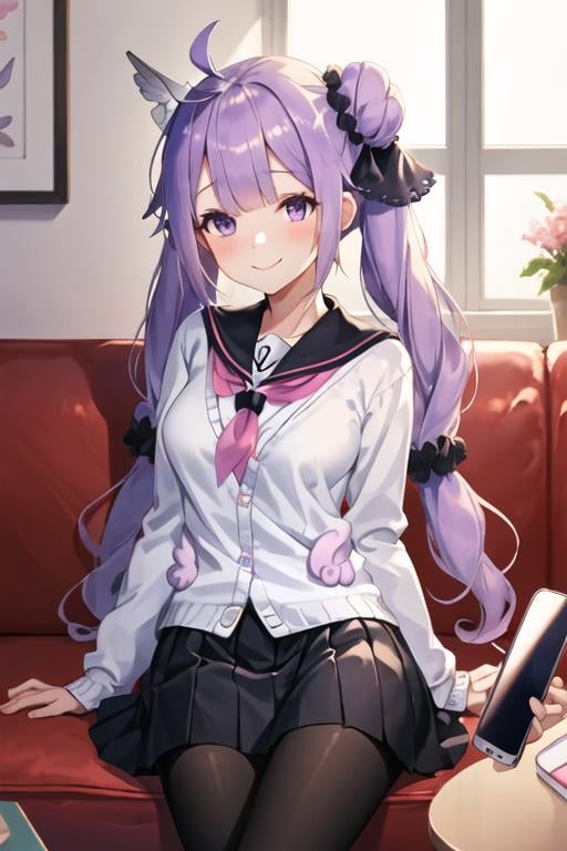 best quality, masterpiece, highres, solo, {unicorn_azurlane:1.15}, purple_hair, long_hair, purple_eyes, bangs, blush, ahoge, ribbon, hair_bun, hair_ribbon, single_hair_bun, single_side_bun, one_side_up, very_long_hair, stuffed_toy, stuffed_animal, stuffed_winged_unicorn, black_ribbon, hair_ornament, breasts, 1girl, cardigan, cellphone, hair_scrunchie, holding, looking_at_viewer, low_twintails, phone, sailor_collar, school_uniform, scrunchie, serafuku, smartphone, smile, twintails, black_sailor_collar, black_skirt, holding_phone, long_sleeves, neckerchief, pantyhose, pleated_skirt, skirt, white_pantyhose, x_hair_ornament, white_cardigan, bag, black_scrunchie