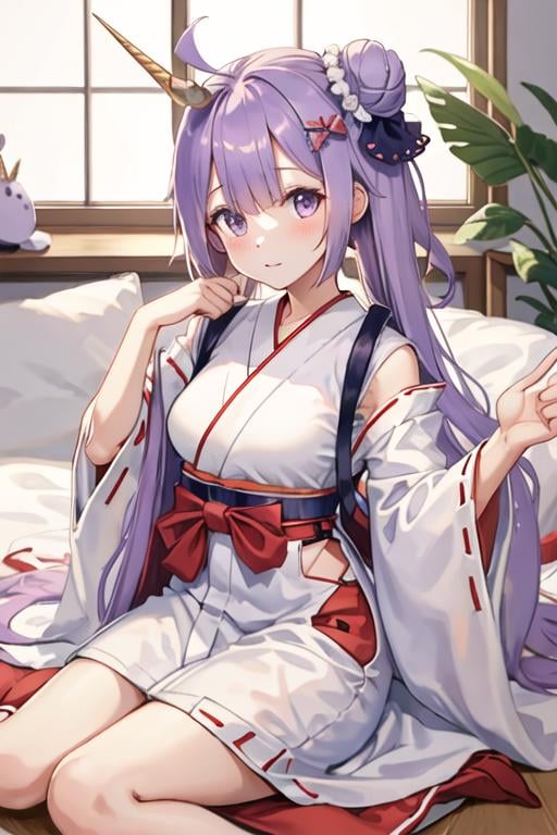 best quality, masterpiece, highres, solo, {white kimono:1.35}, {red hakama:1.35}, {wide sleeves:1.20}, {unicorn_azurlane:1.15}, purple_hair, long_hair, purple_eyes, bangs, blush, ahoge, ribbon, hair_bun, hair_ribbon, single_hair_bun, single_side_bun, one_side_up, very_long_hair, stuffed_toy, stuffed_animal, stuffed_winged_unicorn, black_ribbon, hair_ornament, breasts