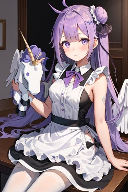 best quality, masterpiece, highres, solo, {maid:1.40}, {long maid dress:1.15}, {unicorn_azurlane:1.15}, purple_hair, long_hair, purple_eyes, bangs, blush, ahoge, ribbon, hair_bun, hair_ribbon, single_hair_bun, single_side_bun, one_side_up, very_long_hair, stuffed_toy, stuffed_animal, stuffed_winged_unicorn, black_ribbon, hair_ornament, breasts