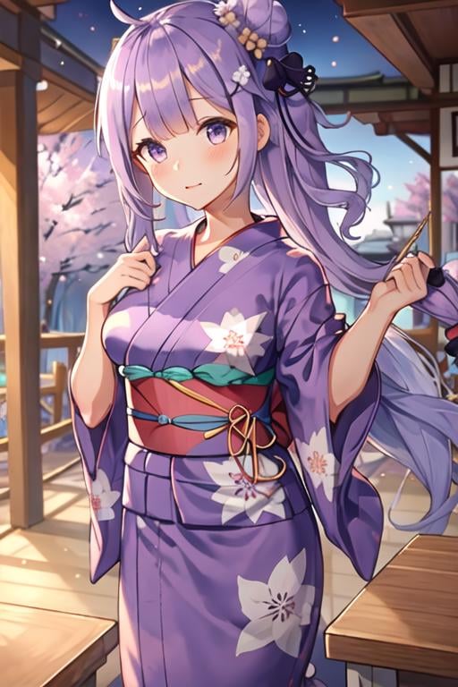 best quality, masterpiece, highres, solo, {yukata:1.40}, {kimono:1.20}, {unicorn_azurlane:1.15}, purple_hair, long_hair, purple_eyes, bangs, blush, ahoge, ribbon, hair_bun, hair_ribbon, single_hair_bun, single_side_bun, one_side_up, very_long_hair, stuffed_toy, stuffed_animal, stuffed_winged_unicorn, black_ribbon, hair_ornament, breasts