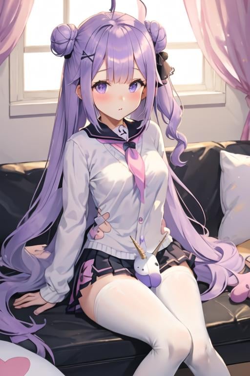 best quality, masterpiece, highres, solo, {unicorn_azurlane:1.15}, purple_hair, long_hair, purple_eyes, bangs, blush, ahoge, ribbon, hair_bun, hair_ribbon, single_hair_bun, single_side_bun, one_side_up, very_long_hair, stuffed_toy, stuffed_animal, stuffed_winged_unicorn, black_ribbon, hair_ornament, breasts