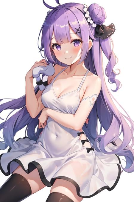 best quality, masterpiece, highres, solo, {unicorn_azurlane:1.15}, purple_hair, long_hair, purple_eyes, bangs, blush, ahoge, ribbon, hair_bun, hair_ribbon, single_hair_bun, single_side_bun, one_side_up, very_long_hair, stuffed_toy, stuffed_animal, stuffed_winged_unicorn, black_ribbon, hair_ornament, breasts, 1girl, bare_arms, bare_shoulders, collarbone, dress, looking_at_viewer, simple_background, sleeveless, sleeveless_dress, white_background, white_dress, black_hairband, cleavage, closed_mouth, hairband, small_breasts, smile, thighhighs, white_thighhighs