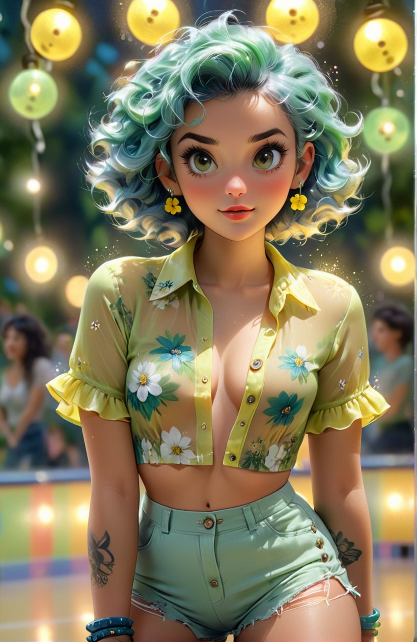 Influencer sexy woman, medium breast,  wearing yellow-green button-up crop top, transparent floral print sleeves, white high-waist button-up shorts, sports short curly blue hair with flower clips, dominates a vintage skating rink scene, surrounding bokeh lights twinkle, captivating, UHD drawing, ultra-realistic, dramatic light