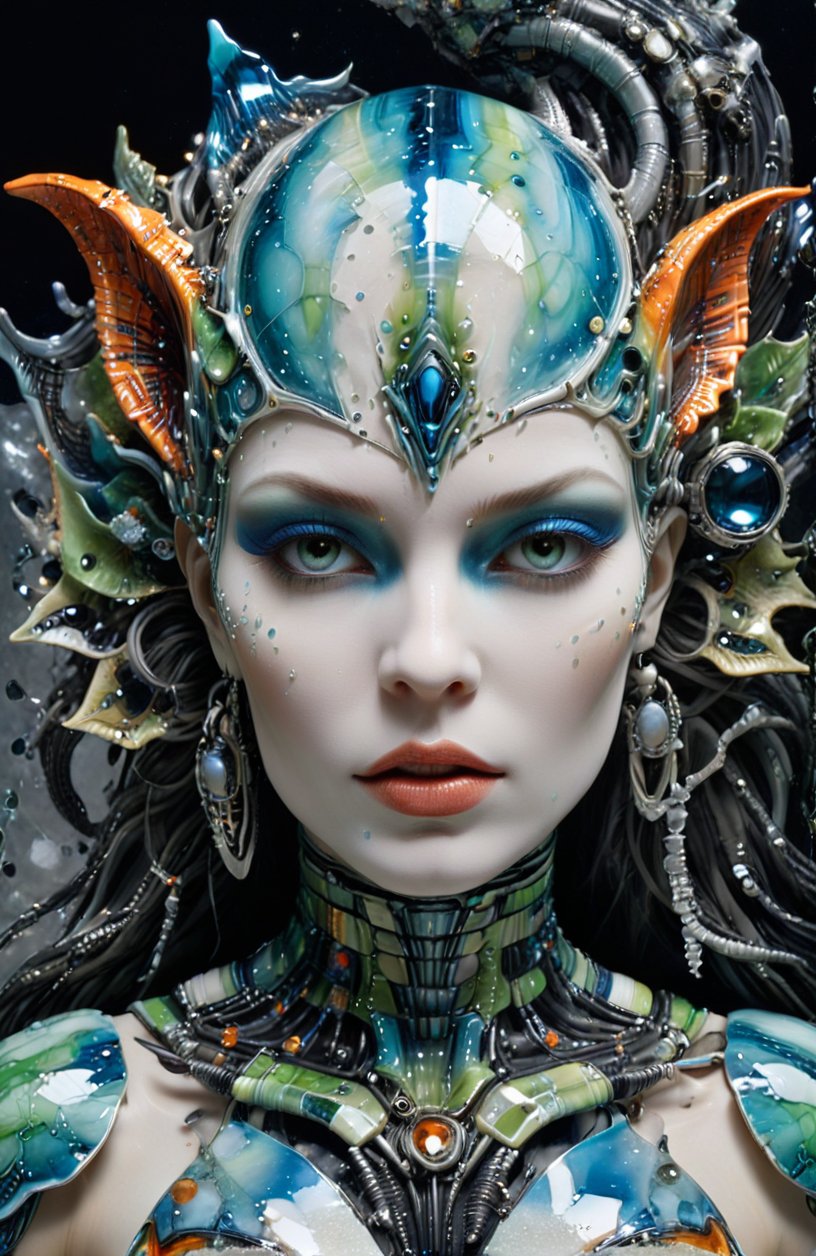 A portrait of terraforming semi-cyborg gaia alien woman from Saturn, by h. r. giger and Dan Maitz, intricately embedded within a sea of broken porcelain. The porcelain glistens with splatter paint patterns in a harmonious blend of glossy and matte blues, greens, oranges, and reds full colors. Her skin tone, a light hue like the porcelain, 8k, highly detailed, high contrast, stunning, masterpiece, Broken Glass effect, no background, stunning, something that even doesn't exist, mythical being, energy, molecular, textures, iridescent and luminescent scales, breathtaking beauty, pure perfection, divine presence, unforgettable, impressive, breathtaking beauty, Volumetric light, auras, rays, vivid colors reflects
,cyborg style