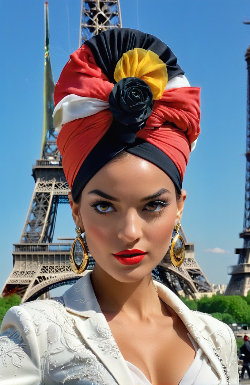 French model in a turban, face and body detailing, bright lips, extravagant earrings in her ears, professional photo, against the background of the Eiffel Tower, fashion paris, high resolution 128k, high detail, real photo, + super high, superrealism, resolution + UHD + HDR + highly detailed + FStop 2. 8 + 150mm lens + high fidelity + studio shot + award winning + ray tracing"
