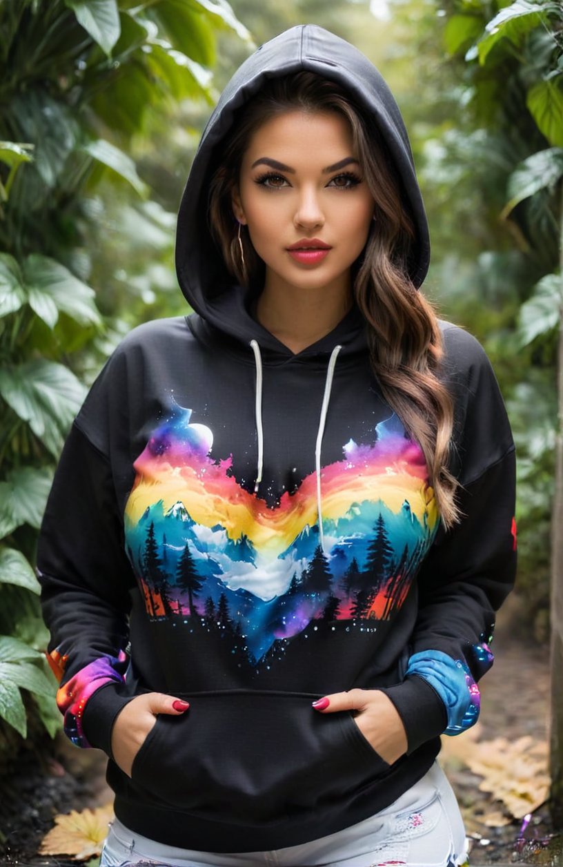 a awesome  model woman, sexy big breast, stunning hoodie design of such as nature, space, or fantasy. The hoodies are showcased in a streetwear fashion setting, with models posing confidently and stylishly. The designs are trending on social media and gaining popularity among fashion enthusiasts.
