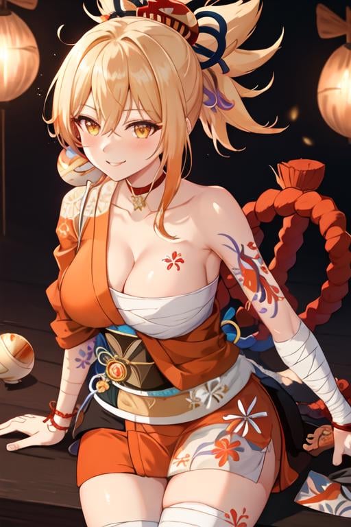 best quality, masterpiece, highres, solo, {yoimiya_genshin:1.15}, blonde_hair, bangs, hair_ornament, ponytail, breasts, smile, tattoo, yellow_eyes, arm_tattoo, chest_tattoo, orange_eyes, sarashi, cleavage, bandages, hair_between_eyes, rope, shimenawa, blush