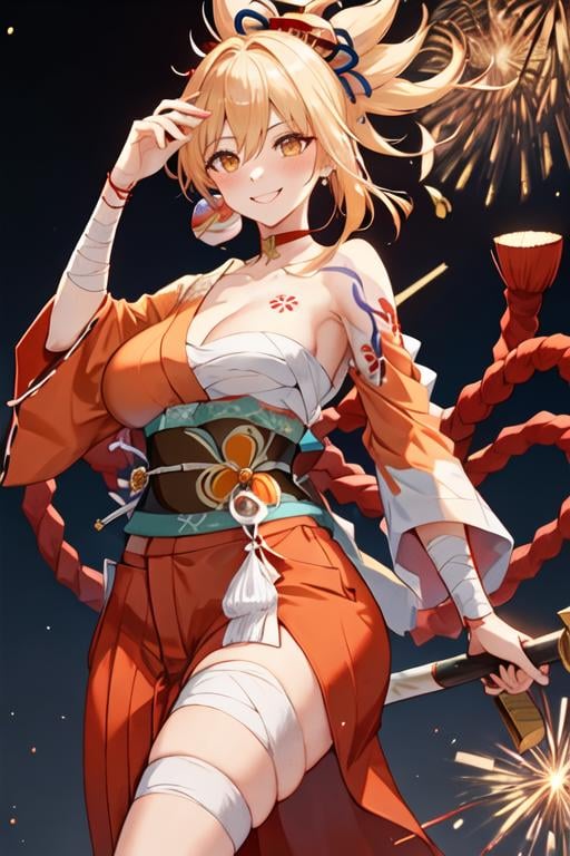 best quality, masterpiece, highres, solo, {white kimono:1.35}, {red hakama:1.35}, {wide sleeves:1.20}, {yoimiya_genshin:1.15}, blonde_hair, bangs, hair_ornament, ponytail, breasts, smile, tattoo, yellow_eyes, arm_tattoo, chest_tattoo, orange_eyes, sarashi, cleavage, bandages, hair_between_eyes, rope, shimenawa, blush