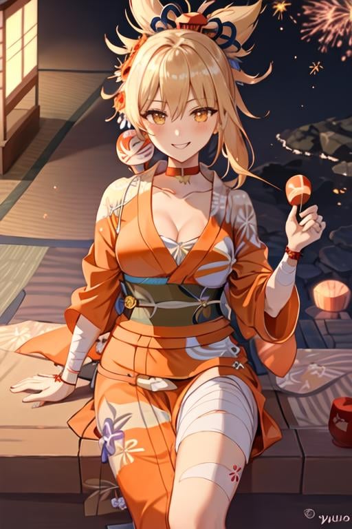 best quality, masterpiece, highres, solo, {yukata:1.40}, {kimono:1.20}, {yoimiya_genshin:1.15}, blonde_hair, bangs, hair_ornament, ponytail, breasts, smile, tattoo, yellow_eyes, arm_tattoo, chest_tattoo, orange_eyes, sarashi, cleavage, bandages, hair_between_eyes, rope, shimenawa, blush