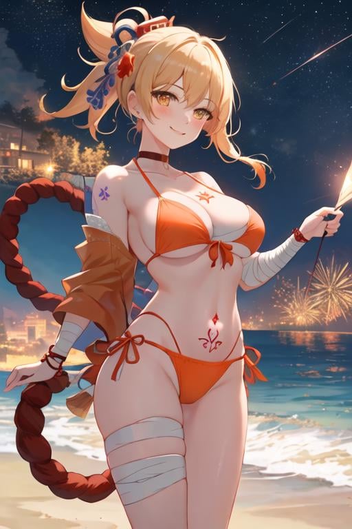 best quality, masterpiece, highres, solo, {night:1.10}, {starry sky:1.10}, beach, beautiful detailed sky, {extremely detailed background:1.20}, {yoimiya_genshin:1.15}, {standing:1.10}, looking at viewer, {bikini:1.30}, blonde_hair, bangs, hair_ornament, ponytail, breasts, smile, tattoo, yellow_eyes, arm_tattoo, chest_tattoo, orange_eyes, sarashi, cleavage, bandages, hair_between_eyes, rope, shimenawa, blush, light smile