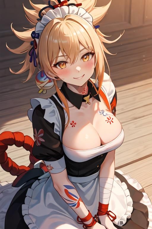 best quality, masterpiece, highres, solo, {maid:1.40}, {long maid dress:1.15}, {yoimiya_genshin:1.15}, blonde_hair, bangs, hair_ornament, ponytail, breasts, smile, tattoo, yellow_eyes, arm_tattoo, chest_tattoo, orange_eyes, sarashi, cleavage, bandages, hair_between_eyes, rope, shimenawa, blush