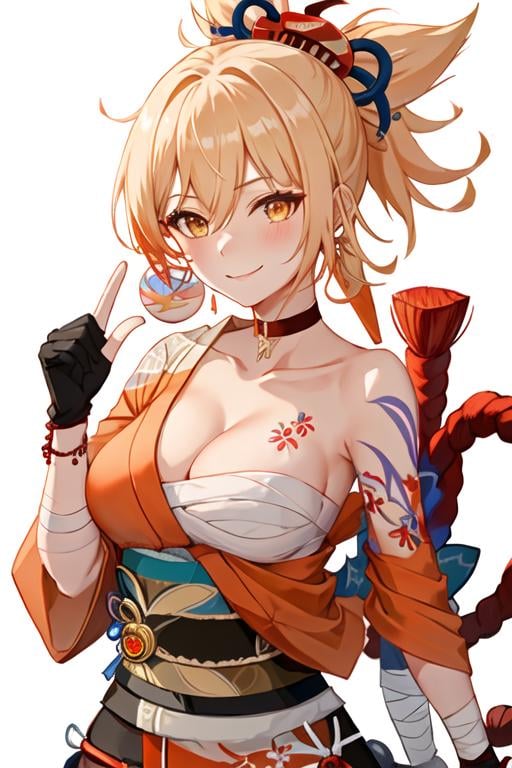 best quality, masterpiece, highres, solo, {yoimiya_genshin:1.15}, blonde_hair, bangs, hair_ornament, ponytail, breasts, smile, tattoo, yellow_eyes, arm_tattoo, chest_tattoo, orange_eyes, sarashi, cleavage, bandages, hair_between_eyes, rope, shimenawa, blush, 1girl, bandaged_arm, black_gloves, choker, fingerless_gloves, gloves, hadanugi_dousa, japanese_clothes, kimono, looking_at_viewer, obi, orange_kimono, red_choker, sash, white_background, closed_mouth, simple_background, upper_body, vision_\(genshin_impact\), collarbone, earrings, jewelry, medium_breasts