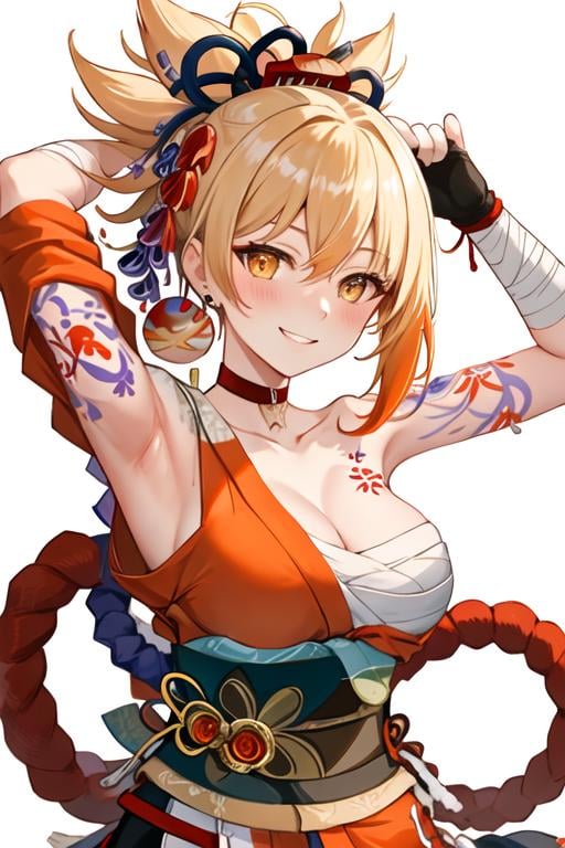 best quality, masterpiece, highres, solo, {yoimiya_genshin:1.15}, blonde_hair, bangs, hair_ornament, ponytail, breasts, smile, tattoo, yellow_eyes, arm_tattoo, chest_tattoo, orange_eyes, sarashi, cleavage, bandages, hair_between_eyes, rope, shimenawa, blush, 1girl, choker, japanese_clothes, kimono, looking_at_viewer, red_choker, simple_background, white_background, armpits, arms_up, chest_sarashi, collarbone, hadanugi_dousa, obi, orange_kimono, sash, upper_body