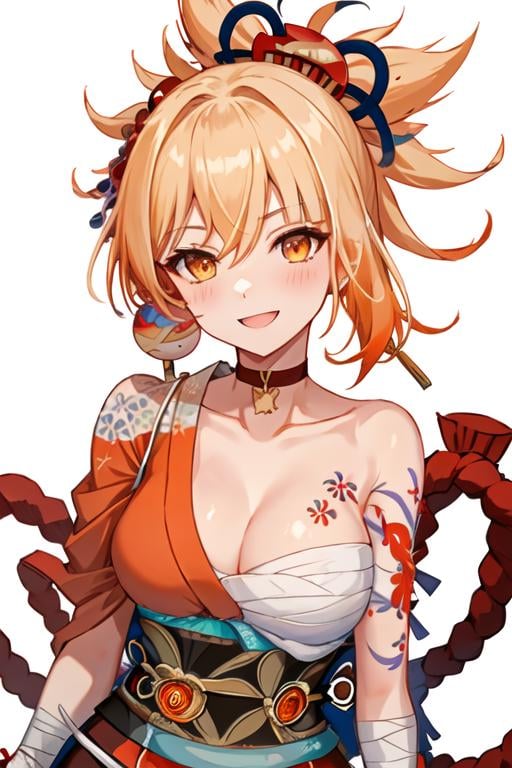 best quality, masterpiece, highres, solo, {yoimiya_genshin:1.15}, blonde_hair, bangs, hair_ornament, ponytail, breasts, smile, tattoo, yellow_eyes, arm_tattoo, chest_tattoo, orange_eyes, sarashi, cleavage, bandages, hair_between_eyes, rope, shimenawa, blush, 1girl, bare_shoulders, choker, japanese_clothes, kimono, orange_kimono, red_choker, upper_body, collarbone, hadanugi_dousa, looking_at_viewer, medium_breasts, obi, sash, simple_background, single_bare_shoulder, white_background, bandaged_arm, chest_sarashi, open_mouth