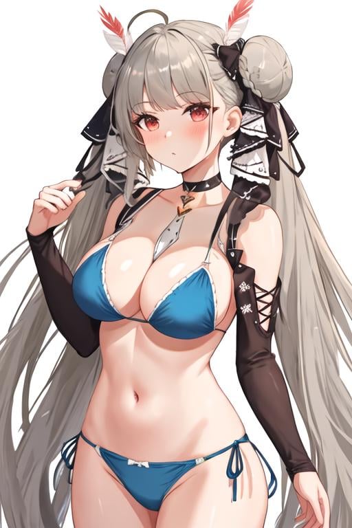 best quality, masterpiece, highres, solo, {formidable_azurlane:1.15}, long_hair, red_eyes, bangs, twintails, breasts, large_breasts, ribbon, grey_hair, very_long_hair, hair_ribbon, blush, cleavage, two-tone_ribbon, between_breasts, 1girl, bikini, braid, braided_bun, double_bun, hair_bun, looking_at_viewer, simple_background, swimsuit, white_background, ahoge, choker, blue_bikini, official_alternate_costume, feather_boa, upper_body