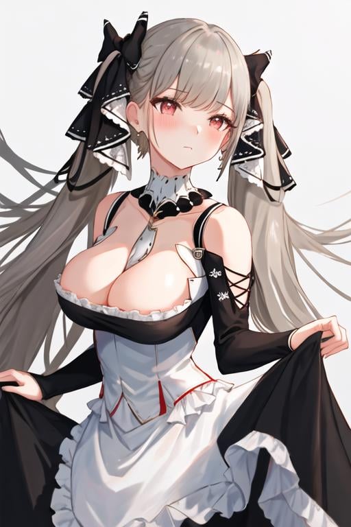 best quality, masterpiece, highres, solo, {formidable_azurlane:1.15}, long_hair, red_eyes, bangs, twintails, breasts, large_breasts, ribbon, grey_hair, very_long_hair, hair_ribbon, blush, cleavage, two-tone_ribbon, between_breasts, 1girl, bare_shoulders, black_dress, bow, dress, earrings, frilled_dress, frills, hair_bow, jewelry, looking_at_viewer, black_bow, long_sleeves, simple_background, white_background, collarbone, upper_body, closed_mouth, detached_collar, skirt_hold