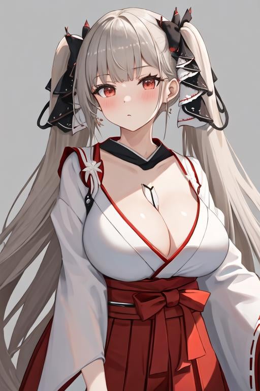 best quality, masterpiece, highres, solo, {white kimono:1.35}, {red hakama:1.35}, {wide sleeves:1.20}, {formidable_azurlane:1.15}, long_hair, red_eyes, bangs, twintails, breasts, large_breasts, ribbon, grey_hair, very_long_hair, hair_ribbon, blush, cleavage, two-tone_ribbon, between_breasts