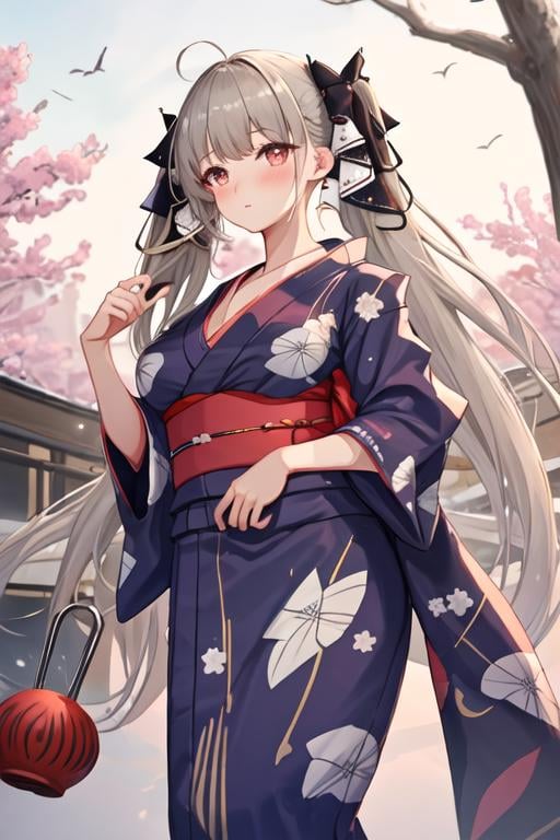 best quality, masterpiece, highres, solo, {yukata:1.40}, {kimono:1.20}, {formidable_azurlane:1.15}, long_hair, red_eyes, bangs, twintails, breasts, large_breasts, ribbon, grey_hair, very_long_hair, hair_ribbon, blush, cleavage, two-tone_ribbon, between_breasts