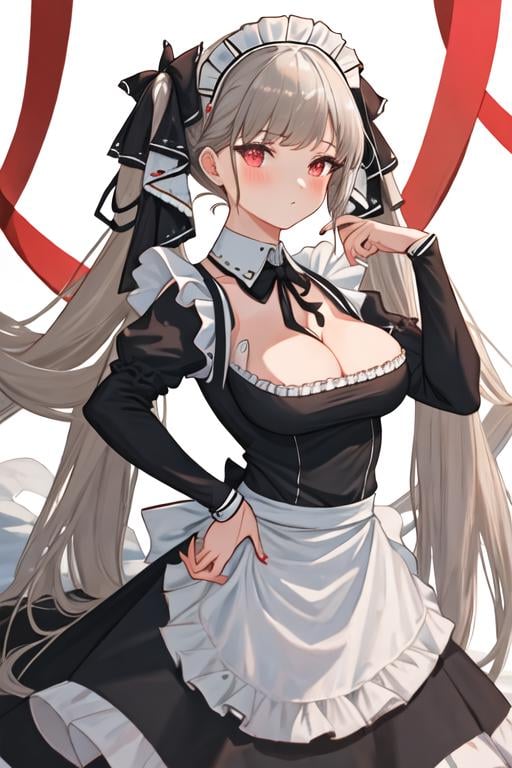best quality, masterpiece, highres, solo, {maid:1.40}, {long maid dress:1.15}, {formidable_azurlane:1.15}, long_hair, red_eyes, bangs, twintails, breasts, large_breasts, ribbon, grey_hair, very_long_hair, hair_ribbon, blush, cleavage, two-tone_ribbon, between_breasts