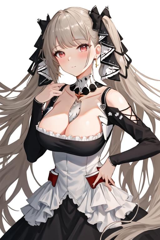 best quality, masterpiece, highres, solo, {formidable_azurlane:1.15}, long_hair, red_eyes, bangs, twintails, breasts, large_breasts, ribbon, grey_hair, very_long_hair, hair_ribbon, blush, cleavage, two-tone_ribbon, between_breasts, 1girl, bare_shoulders, black_dress, dress, frilled_dress, frills, jewelry, long_sleeves, looking_at_viewer, simple_background, two-tone_dress, earrings, white_background, closed_mouth