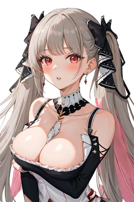 best quality, masterpiece, highres, solo, {formidable_azurlane:1.15}, long_hair, red_eyes, bangs, twintails, breasts, large_breasts, ribbon, grey_hair, very_long_hair, hair_ribbon, blush, cleavage, two-tone_ribbon, between_breasts, 1girl, bare_shoulders, earrings, jewelry, looking_at_viewer, bow, hair_bow, white_background, simple_background, detached_collar, parted_lips, collarbone