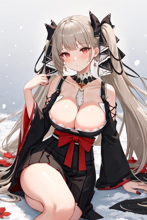 best quality, masterpiece, highres, solo, {formidable_azurlane:1.15}, long_hair, red_eyes, bangs, twintails, breasts, large_breasts, ribbon, grey_hair, very_long_hair, hair_ribbon, blush, cleavage, two-tone_ribbon, between_breasts, 1girl, bare_shoulders, bell, bow, hair_bow, japanese_clothes, looking_at_viewer, alternate_costume, detached_sleeves, hakama, hakama_skirt, miko, red_hakama, black_nails, collarbone, flower, hip_vent, red_bow, red_flower, snow