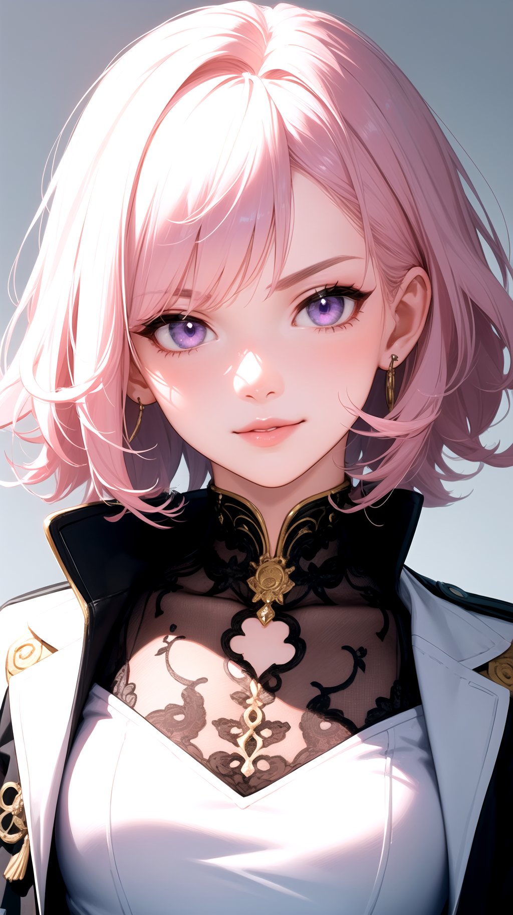 (masterpiece, best quality), intricate details, thin, ((slim)), beautiful girl, Light pink hair, white skin, light purple eyes, sharp jawline, cropped jacket, messy hair, lips, upper body, close up, smirk