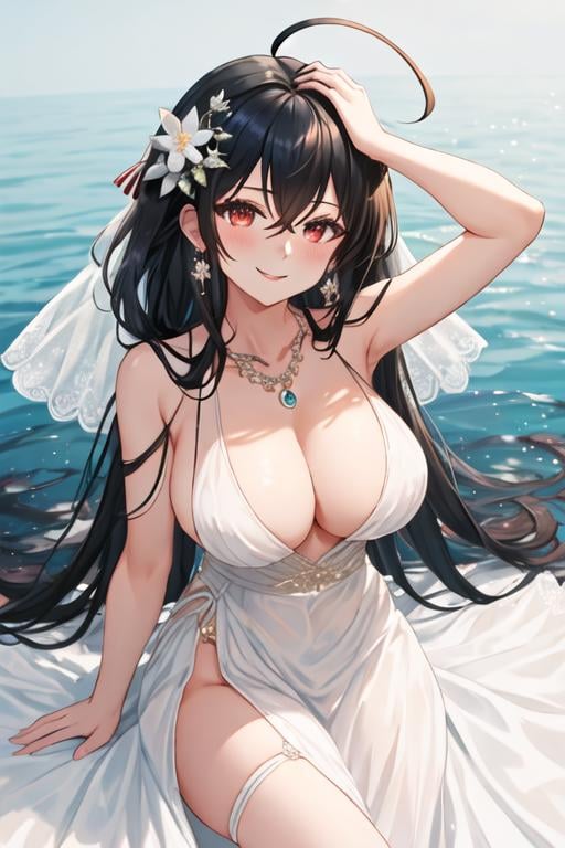 best quality, masterpiece, highres, solo, {taiho_azurlane:1.15}, black_hair, long_hair, red_eyes, bangs, breasts, hair_between_eyes, large_breasts, ahoge, cleavage, very_long_hair, blush, hair_ornament, smile, collarbone, 1girl, dress, earrings, hair_strand, jewelry, looking_at_viewer, necklace, official_alternate_costume, sleeveless, sleeveless_dress, bare_shoulders, white_dress, upper_body, hair_flower, wedding_dress, evening_gown, flower, plunging_neckline