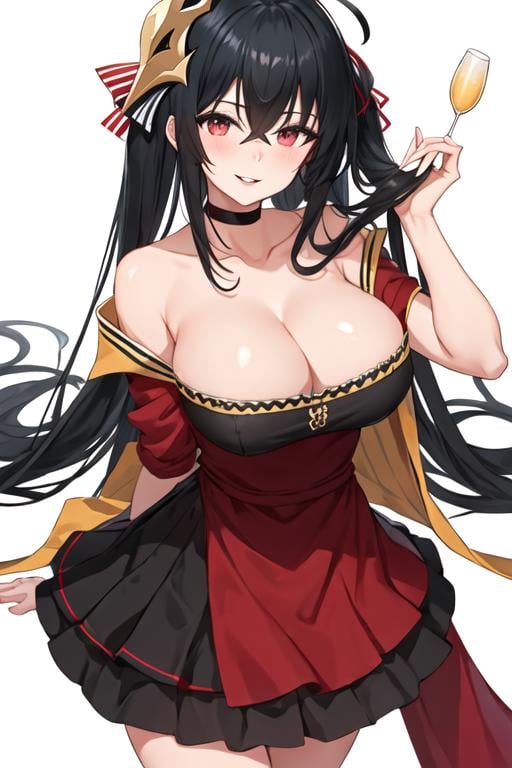 best quality, masterpiece, highres, solo, {taiho_azurlane:1.15}, black_hair, long_hair, red_eyes, bangs, breasts, hair_between_eyes, large_breasts, ahoge, cleavage, very_long_hair, blush, hair_ornament, smile, collarbone, 1girl, bare_shoulders, choker, cocktail_dress, dress, looking_at_viewer, official_alternate_costume, red_choker, red_dress, simple_background, white_background, one_side_up, parted_lips, huge_breasts