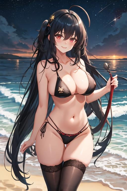 best quality, masterpiece, highres, solo, {night:1.10}, {starry sky:1.10}, beach, beautiful detailed sky, {extremely detailed background:1.20}, {taiho_azurlane:1.15}, {standing:1.10}, looking at viewer, {bikini:1.30}, black_hair, long_hair, red_eyes, bangs, breasts, hair_between_eyes, large_breasts, ahoge, cleavage, very_long_hair, blush, hair_ornament, smile, collarbone, light smile