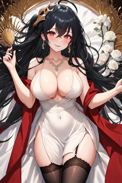 best quality, masterpiece, highres, solo, {taiho_azurlane:1.15}, black_hair, long_hair, red_eyes, bangs, breasts, hair_between_eyes, large_breasts, ahoge, cleavage, very_long_hair, blush, hair_ornament, smile, collarbone, 1girl, center_opening, dress, earrings, evening_gown, hair_strand, jewelry, looking_at_viewer, necklace, official_alternate_costume, plunging_neckline, sleeveless, sleeveless_dress, thighhighs, wedding_dress, white_dress, white_thighhighs, backless_outfit, cocktail_dress, backless_dress, garter_straps, see-through_dress