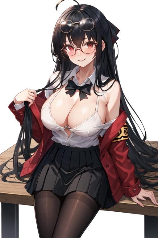 best quality, masterpiece, highres, solo, {taiho_azurlane:1.15}, black_hair, long_hair, red_eyes, bangs, breasts, hair_between_eyes, large_breasts, ahoge, cleavage, very_long_hair, blush, hair_ornament, smile, collarbone, 1girl, armband, black_bow, black_bowtie, black_skirt, bow, bowtie, button_gap, collared_shirt, glasses, jacket, long_sleeves, looking_at_viewer, off_shoulder, official_alternate_costume, red_jacket, school_uniform, shirt, skirt, white_shirt, open_clothes, open_jacket, pleated_skirt, bra_visible_through_clothes, pantyhose, black_pantyhose, shirt_tucked_in, underwear, bra, closed_mouth, crossed_bangs, round_eyewear, sitting, white_background