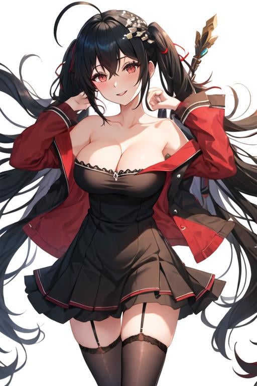 best quality, masterpiece, highres, solo, {taiho_azurlane:1.15}, black_hair, long_hair, red_eyes, bangs, breasts, hair_between_eyes, large_breasts, ahoge, cleavage, very_long_hair, blush, hair_ornament, smile, collarbone, 1girl, looking_at_viewer, simple_background, white_background, dress, twintails, bare_shoulders, black_dress, crossed_bangs, parted_lips