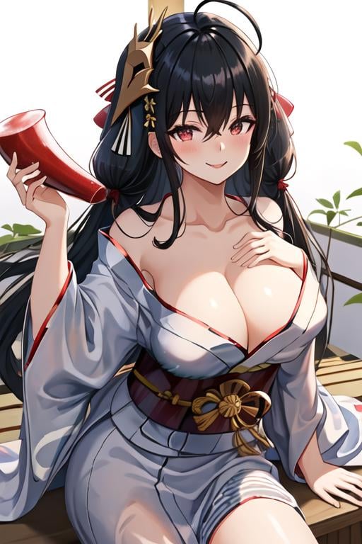 best quality, masterpiece, highres, solo, {yukata:1.40}, {kimono:1.20}, {taiho_azurlane:1.15}, black_hair, long_hair, red_eyes, bangs, breasts, hair_between_eyes, large_breasts, ahoge, cleavage, very_long_hair, blush, hair_ornament, smile, collarbone