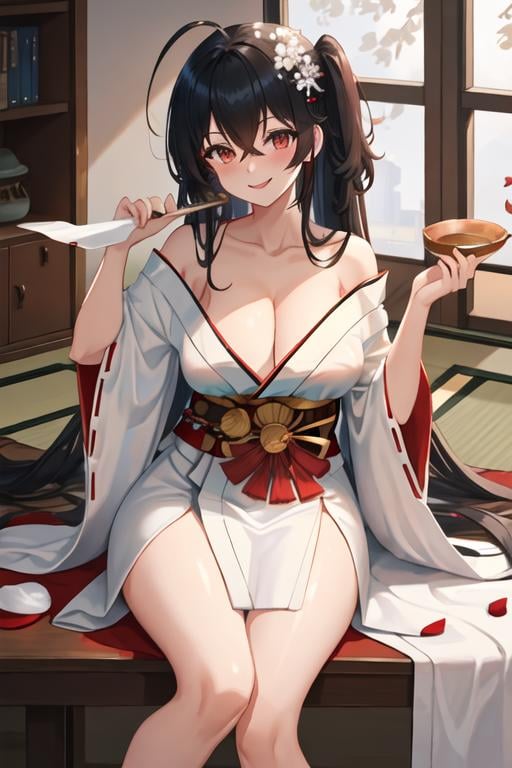 best quality, masterpiece, highres, solo, {white kimono:1.35}, {red hakama:1.35}, {wide sleeves:1.20}, {taiho_azurlane:1.15}, black_hair, long_hair, red_eyes, bangs, breasts, hair_between_eyes, large_breasts, ahoge, cleavage, very_long_hair, blush, hair_ornament, smile, collarbone