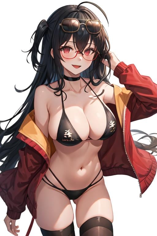 best quality, masterpiece, highres, solo, {taiho_azurlane:1.15}, black_hair, long_hair, red_eyes, bangs, breasts, hair_between_eyes, large_breasts, ahoge, cleavage, very_long_hair, blush, hair_ornament, smile, collarbone, 1girl, bare_shoulders, bikini, black_bikini, black_choker, choker, crossed_bangs, eyewear_on_head, jacket, looking_at_viewer, official_alternate_costume, red_jacket, sunglasses, swimsuit, off_shoulder, one_side_up, open_mouth, race_queen, simple_background, white_background, black_thighhighs, thighhighs