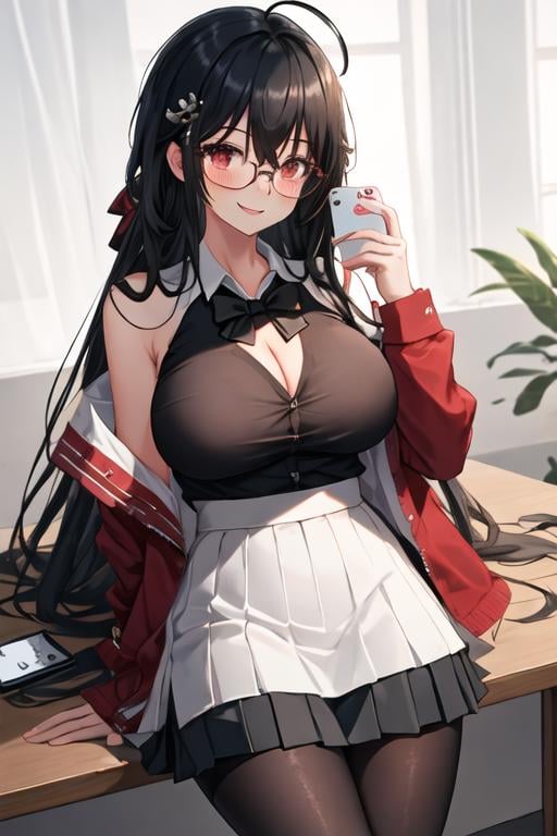 best quality, masterpiece, highres, solo, {taiho_azurlane:1.15}, black_hair, long_hair, red_eyes, bangs, breasts, hair_between_eyes, large_breasts, ahoge, cleavage, very_long_hair, blush, hair_ornament, smile, collarbone, 1girl, black_bowtie, cellphone, collared_shirt, glasses, holding, holding_phone, jacket, looking_at_viewer, official_alternate_costume, phone, red_jacket, school_uniform, shirt, skirt, smartphone, white_shirt, black_bow, black_skirt, bow, open_clothes, round_eyewear, armband, bowtie, long_sleeves, open_jacket, pantyhose, pleated_skirt, black_pantyhose, indoors, off_shoulder