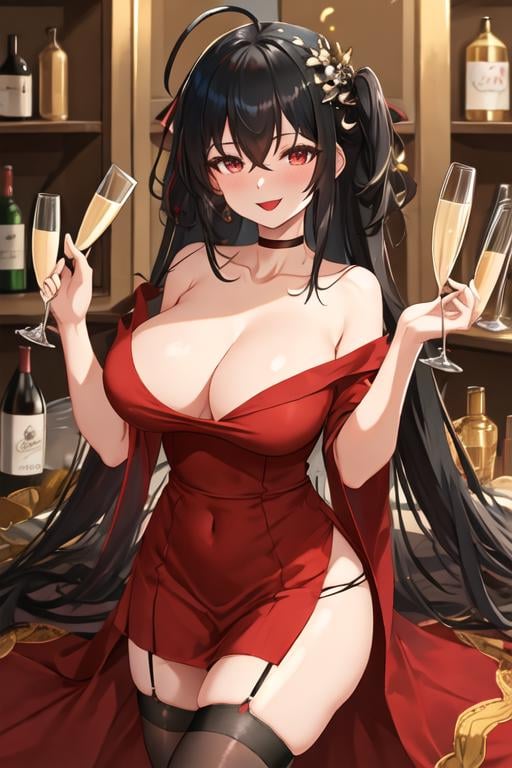 best quality, masterpiece, highres, solo, {taiho_azurlane:1.15}, black_hair, long_hair, red_eyes, bangs, breasts, hair_between_eyes, large_breasts, ahoge, cleavage, very_long_hair, blush, hair_ornament, smile, collarbone, 1girl, bare_shoulders, cocktail_dress, cup, dress, drinking_glass, looking_at_viewer, official_alternate_costume, red_dress, champagne_flute, choker, red_choker, alcohol, holding_cup, holding, champagne, one_side_up, open_mouth, black_thighhighs, thighhighs