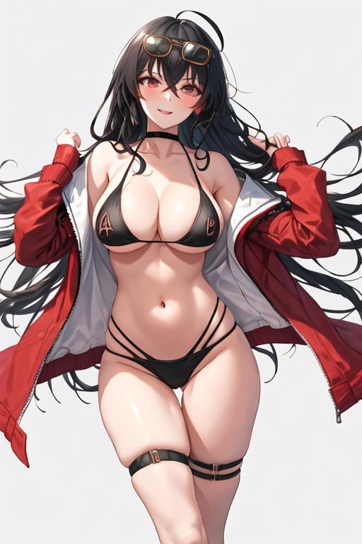 best quality, masterpiece, highres, solo, {taiho_azurlane:1.15}, black_hair, long_hair, red_eyes, bangs, breasts, hair_between_eyes, large_breasts, ahoge, cleavage, very_long_hair, blush, hair_ornament, smile, collarbone, 1girl, bare_shoulders, bikini, black_bikini, black_choker, choker, eyewear_on_head, highleg_bikini, jacket, looking_at_viewer, multi-strapped_bikini, navel, off_shoulder, official_alternate_costume, one_side_up, open_jacket, parted_lips, red_jacket, swimsuit, crossed_bangs, highleg, open_clothes, race_queen, multiple_straps, skindentation, simple_background, stomach, sunglasses, thighs