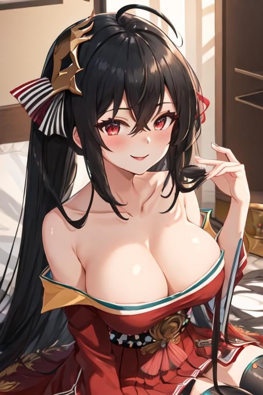 best quality, masterpiece, highres, solo, {taiho_azurlane:1.15}, black_hair, long_hair, red_eyes, bangs, breasts, hair_between_eyes, large_breasts, ahoge, cleavage, very_long_hair, blush, hair_ornament, smile, collarbone