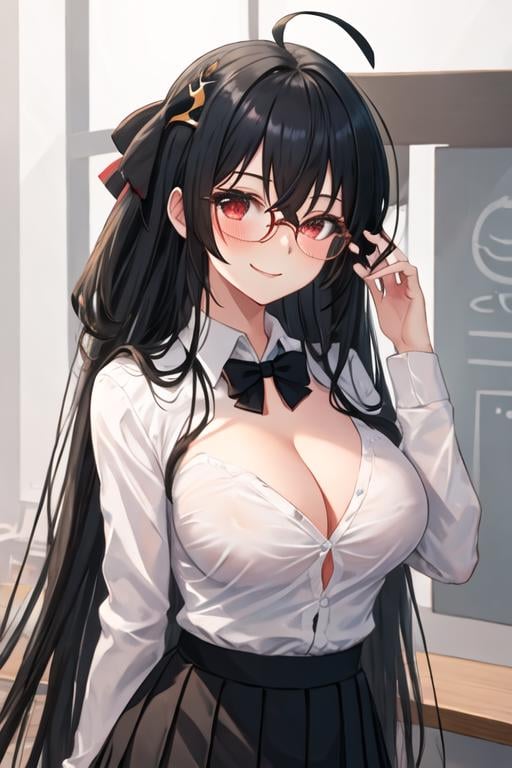 best quality, masterpiece, highres, solo, {taiho_azurlane:1.15}, black_hair, long_hair, red_eyes, bangs, breasts, hair_between_eyes, large_breasts, ahoge, cleavage, very_long_hair, blush, hair_ornament, smile, collarbone, 1girl, black_bow, black_bowtie, bow, bowtie, collared_shirt, glasses, looking_at_viewer, round_eyewear, shirt, white_shirt, official_alternate_costume, red_ribbon, ribbon, school_uniform, upper_body, hair_ribbon, closed_mouth, long_sleeves