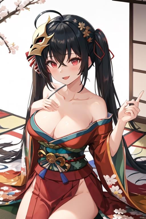 best quality, masterpiece, highres, solo, {taiho_azurlane:1.15}, black_hair, long_hair, red_eyes, bangs, breasts, hair_between_eyes, large_breasts, ahoge, cleavage, very_long_hair, blush, hair_ornament, smile, collarbone, 1girl, bare_shoulders, japanese_clothes, kimono, looking_at_viewer, mask, red_kimono, ribbon, twintails, mask_on_head, off_shoulder, hair_ribbon, wide_sleeves, sash, obi, crossed_bangs, open_mouth