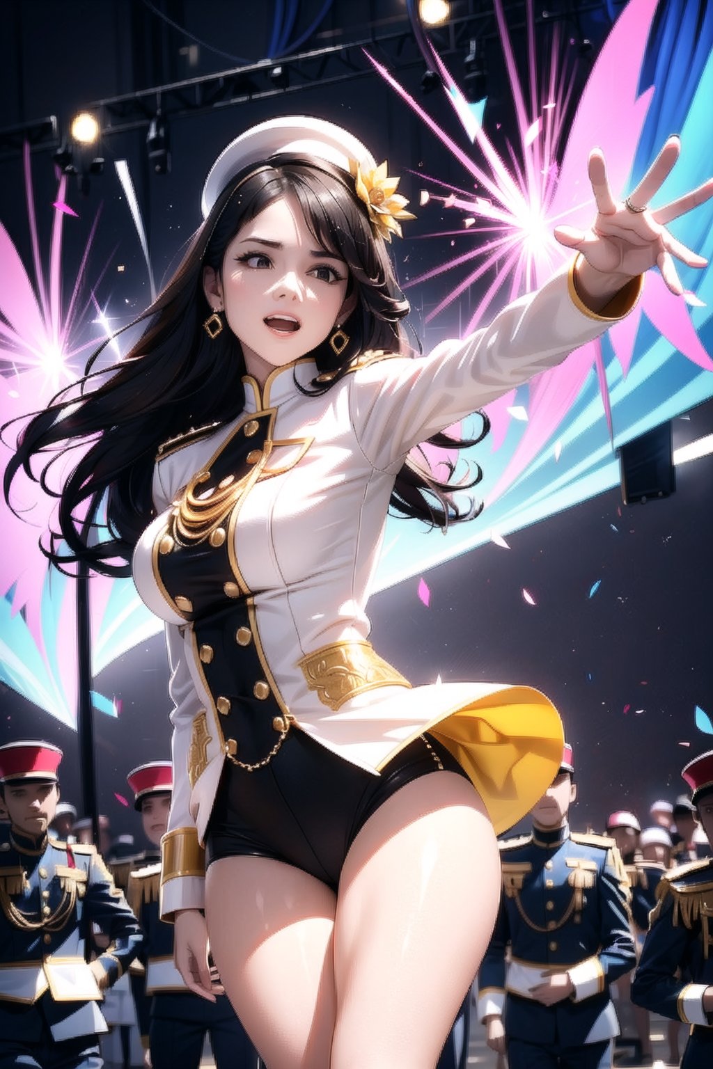 vibrant colors, female, masterpiece, sharp focus, best quality, depth of field, cinematic lighting, ((solo, one man )), (illustration, 8k CG, extremely detailed), masterpiece, ultra-detailed, in a burst of energy and radiance, a stunning mayoret captivates the scene with her vibrant presence. The detailed illustration captures the spirit of marching band and beauty as she performs a dynamic marching band, exuding both grace and enthusiasm,
dressed in the spirited colors of her mayoret uniform, she moves with precision and elegance. The backdrop echoes the energy of a spirited crowd, enhancing the dynamic atmosphere of her performance. Her captivating presence shines through, making her the focal point in this moment of marching band radiance, the illustration paints a dazzling portrait of a beautiful mayoret in motion, where mayoret meets grace. The vibrant colors and dynamic pose capture the essence of her spirited performance, creating a scene filled with energy and beauty, cute female, Black hair, long hair, Wenny.