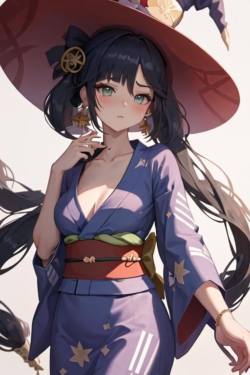 best quality, masterpiece, highres, solo, {yukata:1.40}, {kimono:1.20}, {mona_genshin:1.15}, long_hair, twintails, bangs, black_hair, breasts, blush, green_eyes, hat, jewelry, star_\(symbol\), witch_hat, earrings, medium_breasts