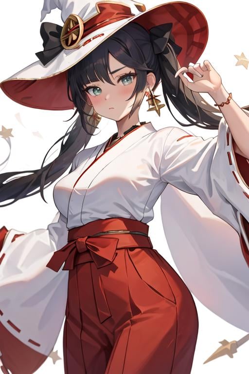 best quality, masterpiece, highres, solo, {white kimono:1.35}, {red hakama:1.35}, {wide sleeves:1.20}, {mona_genshin:1.15}, long_hair, twintails, bangs, black_hair, breasts, blush, green_eyes, hat, jewelry, star_\(symbol\), witch_hat, earrings, medium_breasts